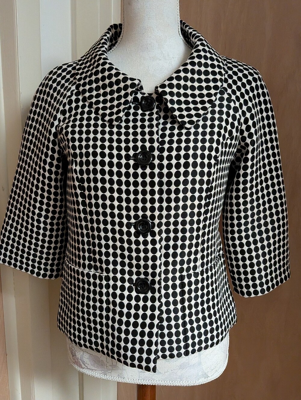 Alfani Black White Polka Dot Jacket Blazer 3/4 Sleeve Button Front Size 4